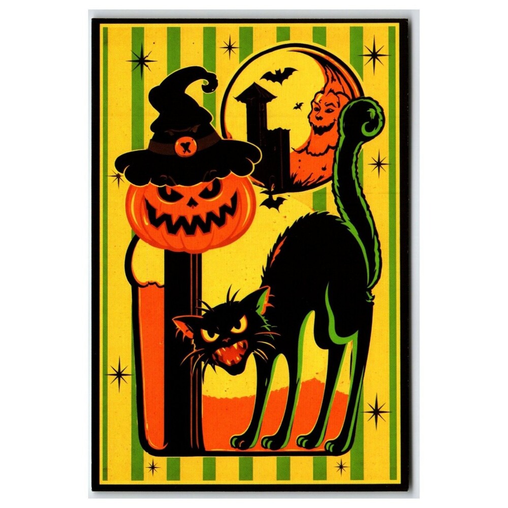 Retro Halloween Postcard Black Cat Jack-o'-Lantern Moon Vintage Style Art